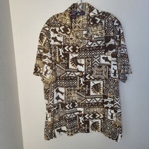 Roundy Bay Hawaiian Shirt Men's Size XL Vibrant Brown and White Tropical Pattern